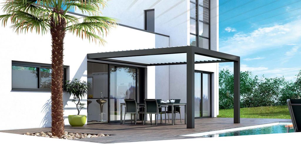 Pergola bioclimatique aluminium maison architecte baies coulissantes alu vitres fenêtres design